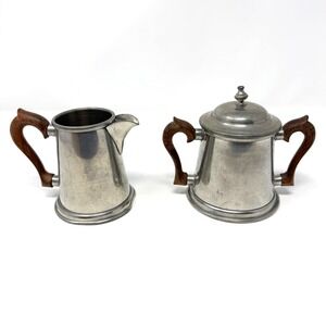 Stieff Pewter Creamer Sugar Bowl Set Wood Handle Cream Pitcher